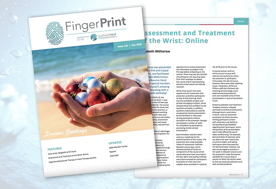 Image of front cover of AHTA Finger Print magazine featuring an article about Melbourne Hand Rehab's Wrist Course