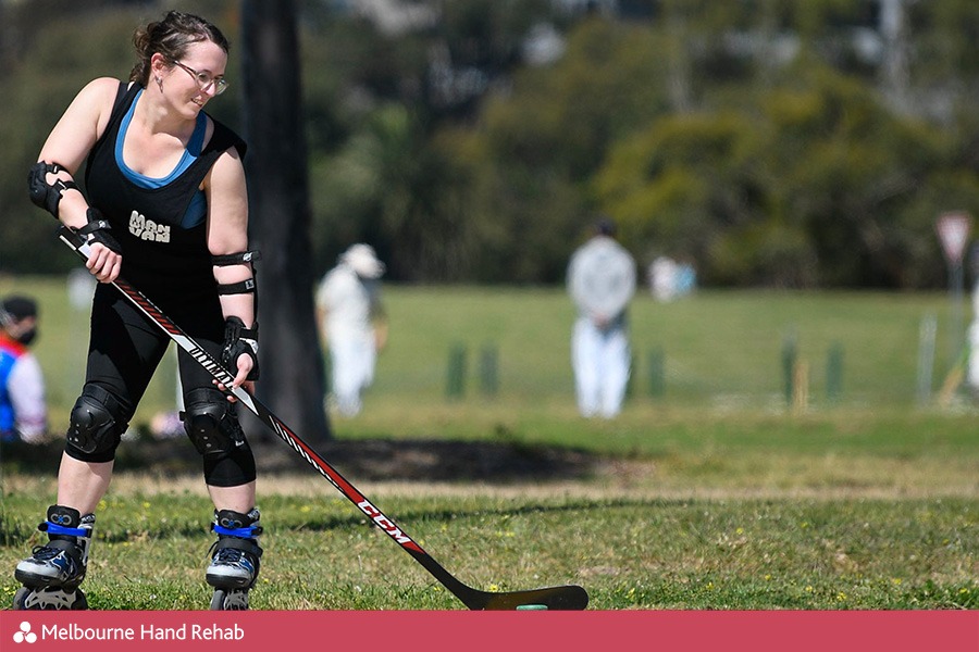 Karen Friesen of Melbourne Hand Rehab ready to play roller hockey