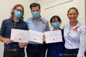 Hand Therapists Ben Jaap, Harrison Vercoe and Felicity Zheng receiving their Fellowship Certificates