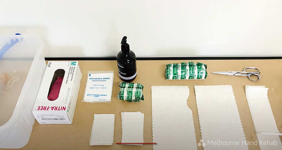 Materials required to make the POP outer casting of their clients hand for Melbourne Hand Rehab custom leather splints
