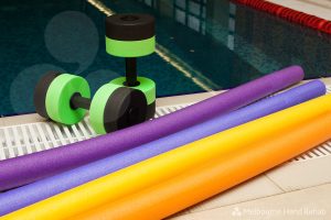 Equipment used in hand therapy hydrotherapy treatment include floats, rows and paddles
