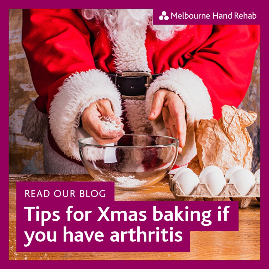 Image of man in a Santa suit baking cookies. Read our blog: Handy tricks & tools for Xmas baking if you have arthritis.