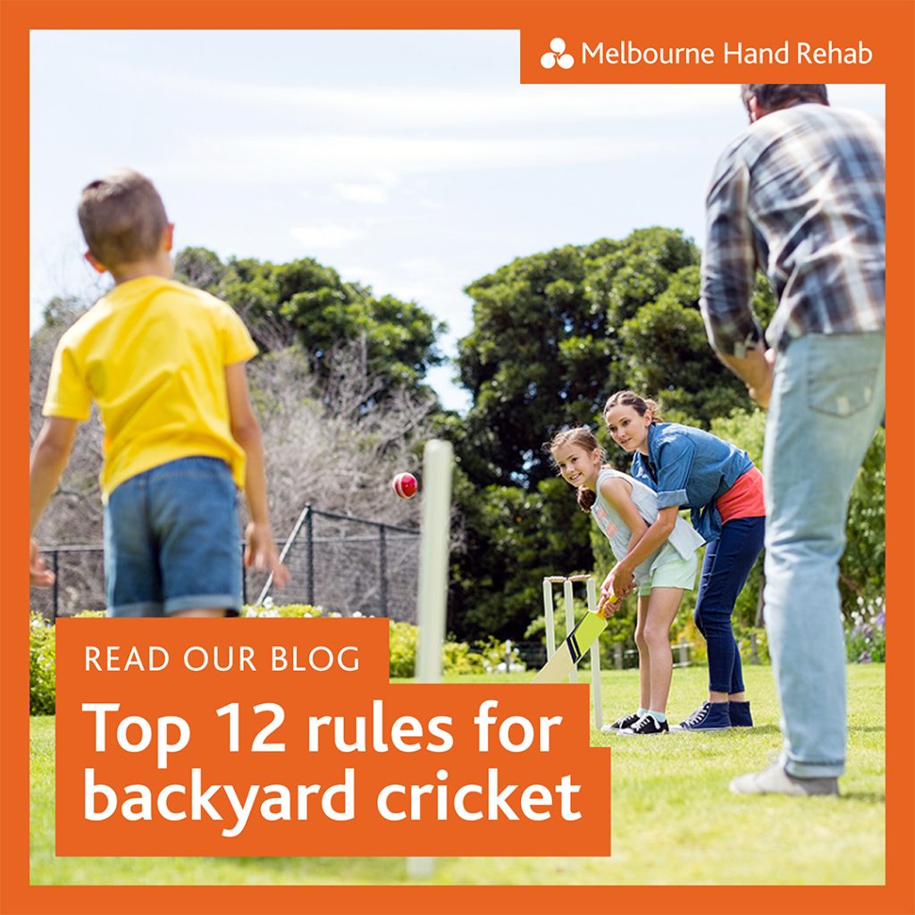 Family playing cricket in back yard.