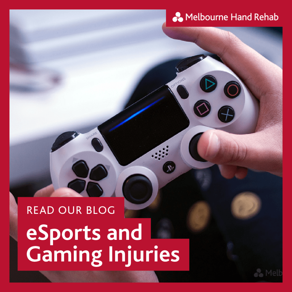 Close up of hands using a Playstation console handset. Blog discusses eSports and Gaming Hand Injuries.