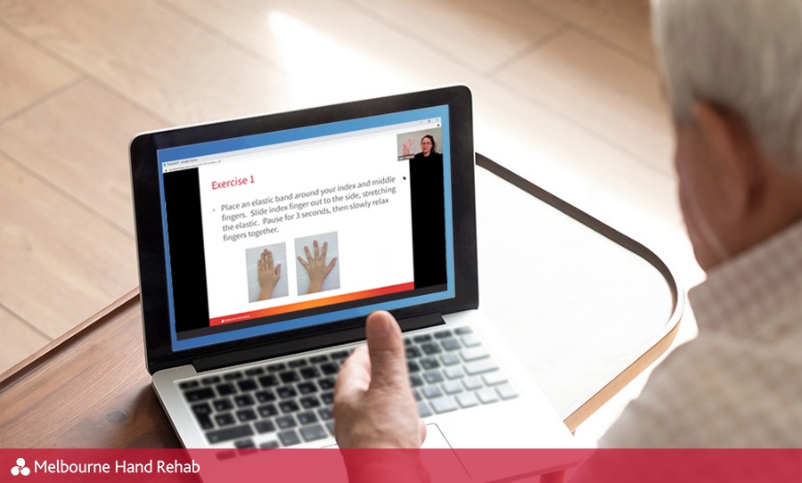 Older man participating in a Melbourne Hand Rehab FREE Hand Therapy Webinar.