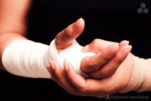 Close up of a bandaged hand