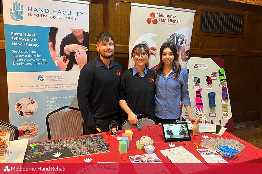 Melbourne Hand Rehab team members Brandon Moore, Felicity Zheng and Alicia Gatt at the APA 2023 Job Fair.